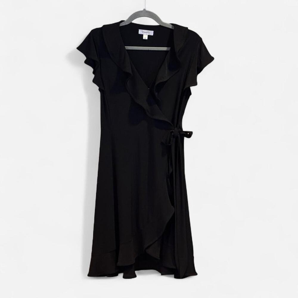 Dressbarn Black Faux Wrap Ruffle Dress Size 8 Made in USA